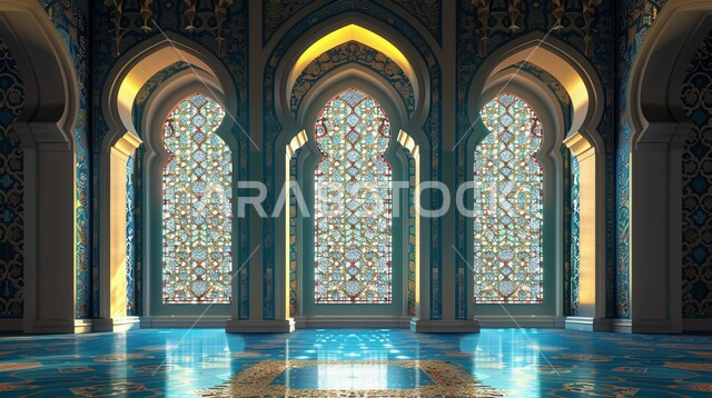 الفن الهندسي المعماري والديكورات الاسلامية لبناء المساجد في المملكة العربية السعودية، العبادة والتقرب إلى الله، معالم و أماكن دينية مقدسة, التصاميم الفنية في الجوامع الخليجية, نداء المسلمين لأداء الفرائض والعبادات, نوافذ وشبابيك زجاجية مزخرفة على الطراز الحديث