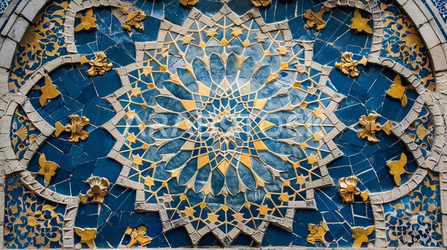 زخرفة عربية باللون الأزرق و الذهبي, قالب تصميم إسلامي مزخرف, أشكال و زخارف ملونة مميزة, تصاميم تقليدية خليجية في المملكة العربية السعودية, ديكورات عربية اسلامية.