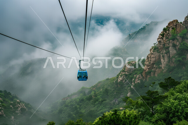 أجواء ضبابية غائمة فوق جبال السودة في منطقة عسير,  العربة المعلقة بين القمم والمرتفعات الجبلية, تلفريك وسط الطبيعة في المملكة العربية السعودية، مناطق التسلية والترفيه وقضاء الوقت الممتع, معالم وأماكن السياحة المشهورة في المناطق المرتفعة