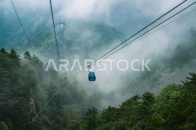 العربة المعلقة بين القمم والمرتفعات الجبلية, تلفريك وسط الطبيعة في المملكة العربية السعودية، مناطق التسلية والترفيه وقضاء الوقت الممتع, معالم وأماكن السياحة في المناطق المرتفعة, أجواء ضبابية غائمة فوق جبال السودة في منطقة عسير