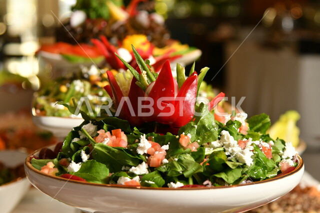 طبق من سلطة الخضار الطازج المزين مع الجبن، أطباق المقبلات العربية اللذيذة، ماكولات شرقية شهية، فنون تقديم الطعام في المطابخ و المطاعم السعودية