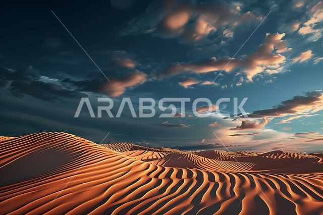 منظر الغيوم في السماء فوق مناطق البادية، البيئة الطبيعية الصحراوية، التضاريس والمرتفعات والقمم الجبلية في البراري، التكوينات والتشكلات الرملية في صحراء المملكة العربية السعودية، الهضاب والتلال من الرمال الذهبية الناعمة، خلفية الطبيعة