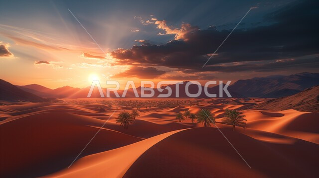 Sunset over the desert regions, the desert natural environment, terrain, heights and mountain peaks in the prairies, sand formations and formations in the desert of the Kingdom of Saudi Arabia, plateaus and hills of soft golden sand, nature background