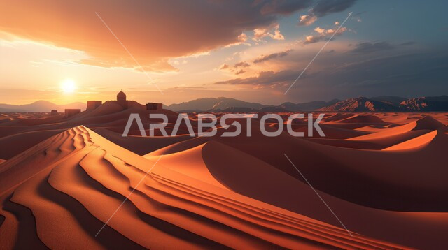  التضاريس والمرتفعات والقمم الجبلية في البراري، التكوينات والتشكلات الرملية في صحراء المملكة العربية السعودية، غروب الشمس فوق مناطق البادية، البيئة الطبيعية الصحراوية، الهضاب والتلال من الرمال الذهبية الناعمة، خلفية الطبيعة