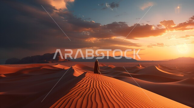  غروب الشمس فوق مناطق البادية، البيئة الطبيعية الصحراوية، التضاريس والمرتفعات والقمم الجبلية في البراري، التكوينات والتشكلات الرملية في صحراء المملكة العربية السعودية، الهضاب والتلال من الرمال الذهبية الناعمة، خلفية الطبيعة