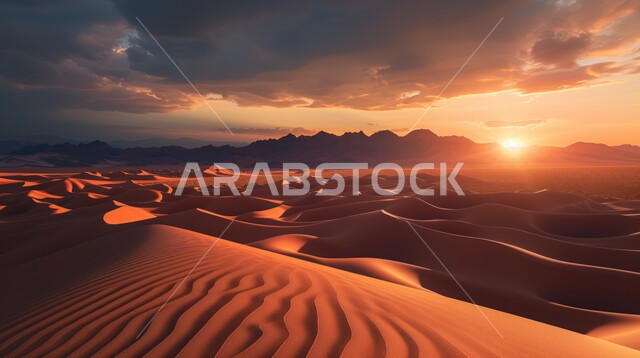Sunset over the desert regions, the desert natural environment, terrain, heights and mountain peaks in the prairies, sand formations and formations in the desert of the Kingdom of Saudi Arabia, plateaus and hills of soft golden sand, nature background