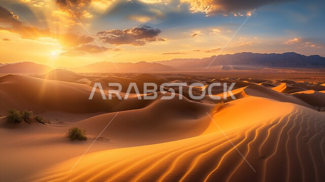 التكوينات والتشكلات الرملية في صحراء المملكة العربية السعودية، غروب الشمس فوق مناطق البادية، البيئة الطبيعية الصحراوية، التضاريس والمرتفعات والقمم الجبلية في البراري، الهضاب والتلال من الرمال الذهبية الناعمة، خلفية الطبيعة