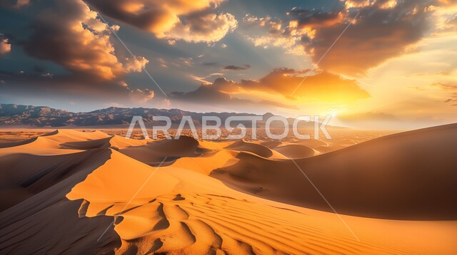  غروب الشمس فوق مناطق البادية، البيئة الطبيعية الصحراوية، التضاريس والمرتفعات والقمم الجبلية في البراري، التكوينات والتشكلات الرملية في صحراء المملكة العربية السعودية، الهضاب والتلال من الرمال الذهبية الناعمة، خلفية الطبيعة