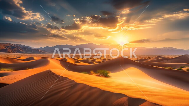 Sand formations and formations in the desert of the Kingdom of Saudi Arabia, sunset over the desert regions, desert natural environment, terrain, heights and mountain peaks in the prairies, plateaus and hills of soft golden sand, nature background