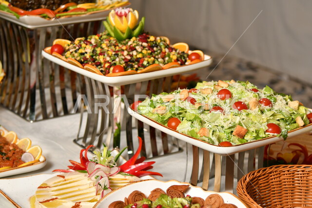 الأساليب الفنية في تقديم الطعام، صورة مقربة لمجموعة من أطباق السلطات المختلفة على طاولة طعام، مطاعم ومطابخ المملكة العربية السعودية، المقبلات العربية الشهية، مأكولات شرقية لذيذة