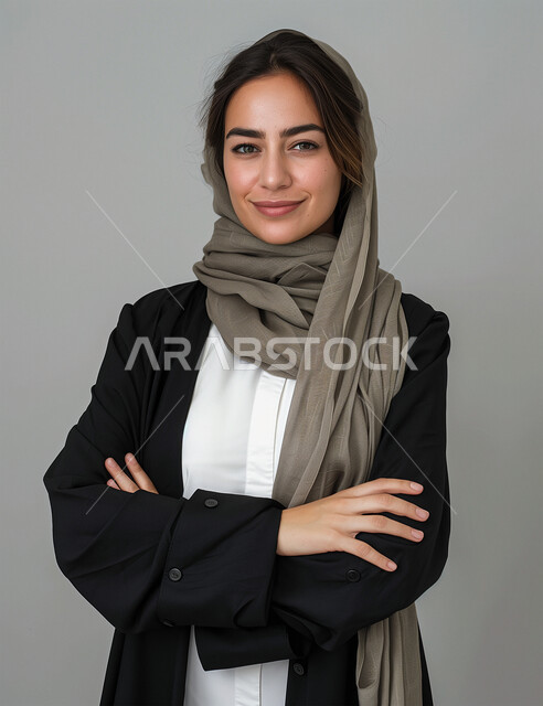 إيماءات الثقة بالنفس والوقوف بايدي متقاطعة، الاهتمام بالأناقة والمظهر الخارجي، مفهوم الأنوثة والنعومة، بورتريه مقرب لإمرأة عربية خليجية سعودية مبتسمة ترتدي الحجاب والعباءة تنظر الى الكاميرا بتعابير السرور، إلتقاط الصور الشخصية للوثائق الرسمية، خلفية رمادية