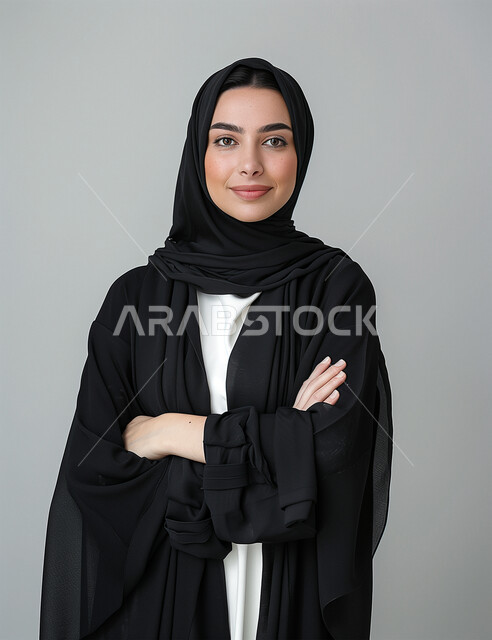 Concern with elegance and external appearance, the concept of femininity and softness, a close-up portrait of a smiling Saudi Gulf Arab woman wearing the hijab and abaya, looking at the camera with expressions of pleasure, taking personal photos for official documents, gestures of self-confidence and standing with crossed hands, gray background