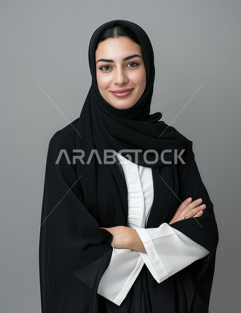 إيماءات الثقة بالنفس والوقوف بايدي متقاطعة، الاهتمام بالأناقة والمظهر الخارجي، مفهوم الأنوثة والنعومة، بورتريه مقرب لإمرأة عربية خليجية سعودية مبتسمة ترتدي الحجاب والعباءة تنظر الى الكاميرا بتعابير السرور، إلتقاط الصور الشخصية للوثائق الرسمية، خلفية رمادية