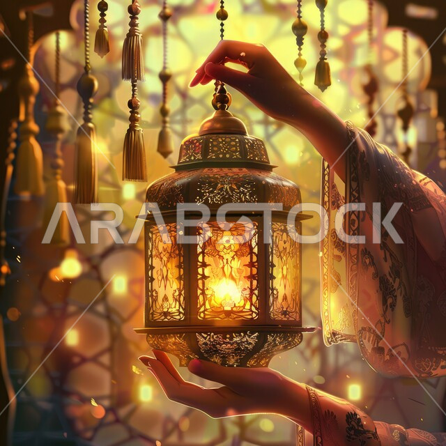 ديكورات وأنوار في الأجواء الرمضانية الروحانية، صورة مقربة لأيدي إمرأة عربية خليجية سعودية تحمل مصباح عربي تقليدي معدني مزخرف مضيئ، فوانيس و تحف اسلامية للإحتفال بقدوم شهر الخير، إضاءة وزينة شهر رمضان