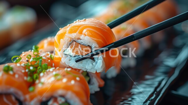 Kitchens specializing in seafood dishes, the arts of serving Asian cuisine in the Kingdom of Saudi Arabia, delicious healthy meals, a close-up of delicious sushi rolls on a black wooden plate