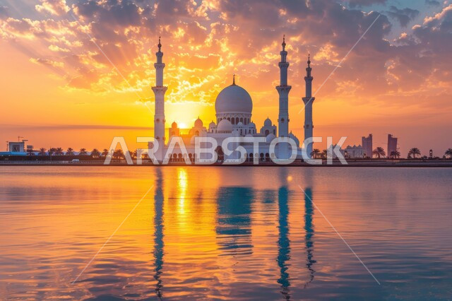 اطلالة بحرية لمسجد الشيخ زايد الكبير وقت الغروب، الفن الهندسي المعماري للجوامع والمساجد في مدينة أبو ظبي ، النمو والتطور العمراني للمباني الدينية ، المعالم والأماكن الاسلامية في الإمارات العربية المتحدة