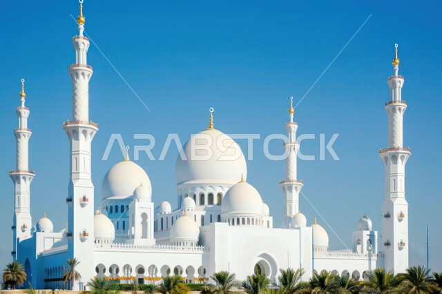 الأشجار والنباتات الخضراء في وضح النهار ، الفن الهندسي المعماري لمسجد الشيخ زايد الكبير في مدينة أبو ظبي ، النمو والتطور العمراني للمباني الدينية ، المعالم والأماكن الاسلامية في الإمارات العربية المتحدة