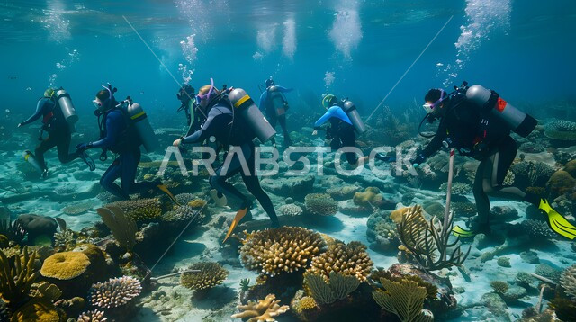 A group of divers in the depths of the Red Sea, exploring aquatic nature, fish resources in the seas and oceans, marine reserves in the Kingdom of Saudi Arabia, aquatic plants and coral reefs.