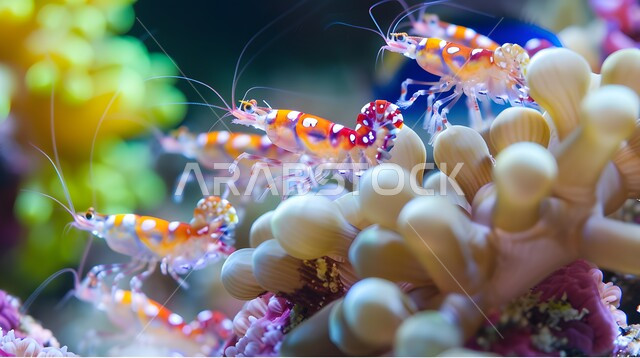 Displaying the wonders of the aquatic environment in the sea, small colorful shrimp swimming in the water, fish wealth and aquatic plants in the Kingdom of Saudi Arabia, colorful coral reefs in the deep sea, a marine nature reserve
