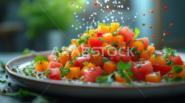 Artistic methods of serving food in Saudi restaurants and kitchens, cold Arabic appetizers, a close-up photo of a plate of delicious fresh vegetable salad, healthy nutritional meals, delicious oriental food.