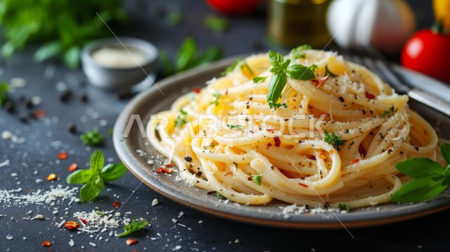 طبق من معكرونة كاربونارا اللذيذ المزين بالخضار، وجبة من الباستا الشهية، أطباق ووجبات آسيوية شرقية، مطاعم المأكولات السريعة في المملكة العربية السعودية
