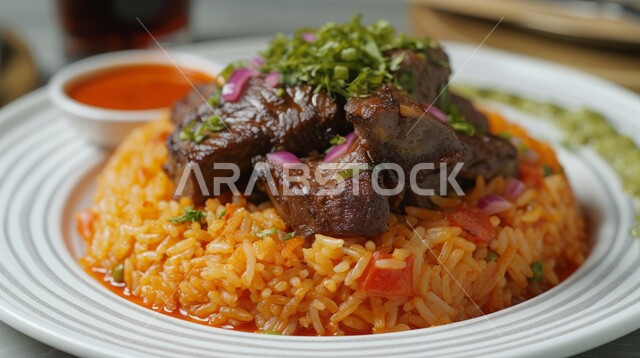 وصفات شرقية شهية، فنون تقديم الطعام في المطابخ والمطاعم السعودية، وجبة شعبية من الأرز المبهر مع اللحم، أطباق تقليدية مزينة بالخضراوات، طبق من رز الكابولي اللذيذ