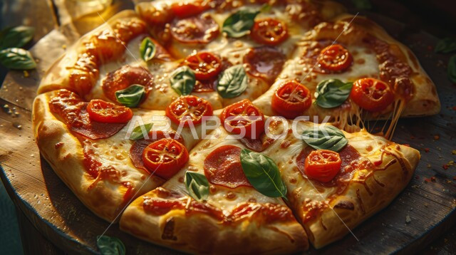 طريقة تحضير وتقديم الفطائر في مطاعم المملكة العربية السعودية، المعجنات والمخبوزات الشهية الطازجة، صورة مقربة  لفطيرة البيتزا المخبوزة بالجبن وشرائح السلامي المدخن على طبق خشبي