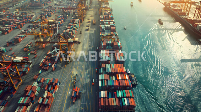 Import and export of goods in the Kingdom of Saudi Arabia, maritime economy for transporting and receiving storage containers, port for shipping goods and commercial containers, trade in goods and local products via ships at sea.