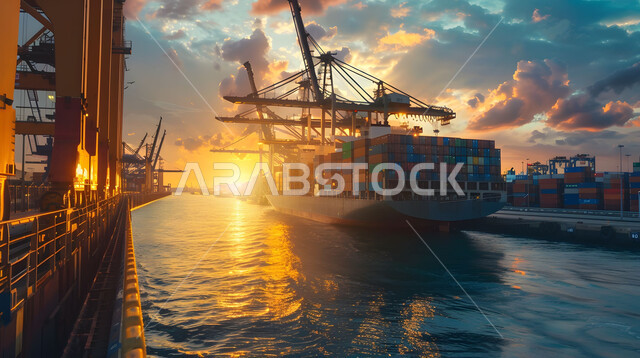 Maritime economy for transporting and receiving storage containers, exporting and importing goods in the Kingdom of Saudi Arabia, port for shipping goods and commercial containers, trading local goods and products via ships at sea.