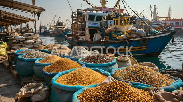 Grains, commodities, foodstuffs and local products, container shipping and filling station, commercial goods, trade, industry and maritime economy, port for transporting goods in the Kingdom of Saudi Arabia