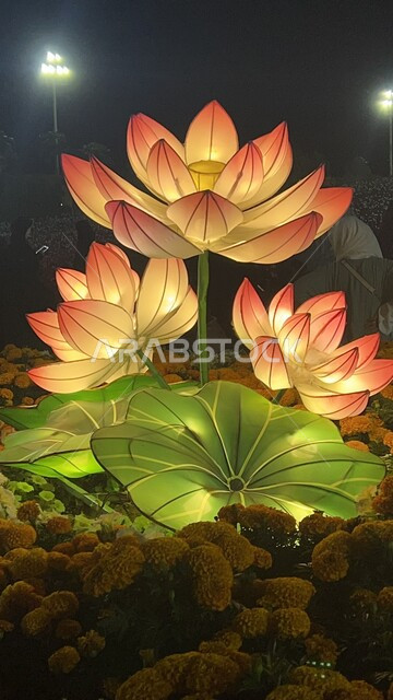 Decorations and designs in the event park in Yanbu Industrial City, activities and events of the Flower and Garden Festival, an environmental, cultural and entertainment family destination, environmental preservation and sustainable development, natural tourist exhibitions and festivals in the Kingdom of Saudi Arabia.