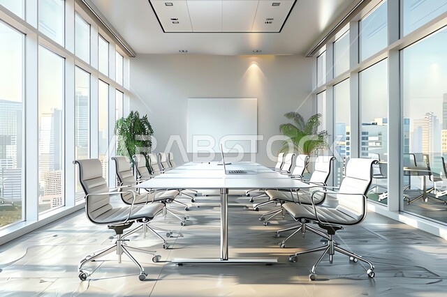 تصميم عصري حديث لمكتب عمل بأثاث أنيق ومريح، ديكورات داخلية كلاسيكية راقية باللون الأبيض على الطراز الحديث للغرف المكتبية، مكاتب الشركات السعودية، غرفة اجتماعات مستطيلة واسعة، الواجهات والنوافذ الزجاجية