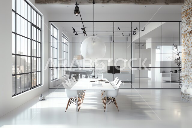 Classy classic interiors in white in modern style for office rooms, Saudi corporate offices, spacious rectangular meeting room, modern modern design for a business office with elegant and comfortable furniture, glass facades and windows
