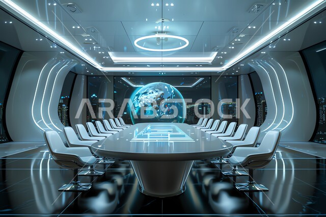 التصاميم والأضواء على شكل الكرة الأرضية ، تصميم عصري حديث لمكتب عمل، ديكورات داخلية على الطراز الحديث للغرف المكتبية، مكاتب الشركات السعودية، غرفة اجتماعات مستطيلة واسعة