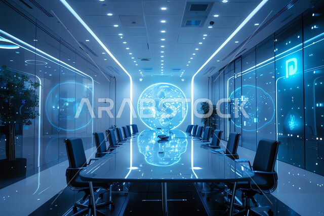 تصميم عصري حديث لمكتب عمل، ديكورات داخلية على الطراز الحديث للغرف المكتبية، مكاتب الشركات السعودية، غرفة اجتماعات مستطيلة واسعة، التصاميم والأضواء على شكل الكرة الأرضية 