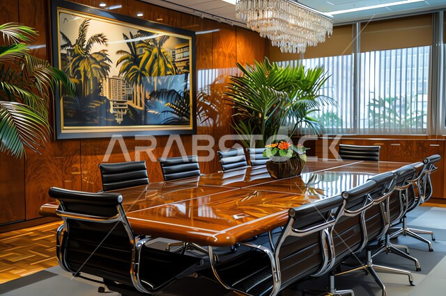 A spacious meeting room with a table surrounded by chairs, glass facades and windows, office rooms with luxurious interior designs and decorations, the modern modern design of offices in Saudi companies