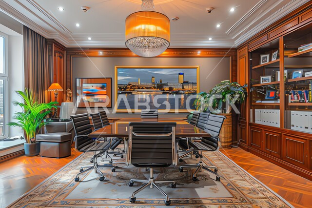 الواجهات والنوافذ الزجاجية، غرفة اجتماعات واسعة مع طاولة محاطة بكراسي، غرف مكتبية بتصاميم وديكورات داخلية فخمة، التصميم العصري الحديث للمكاتب في الشركات السعودية