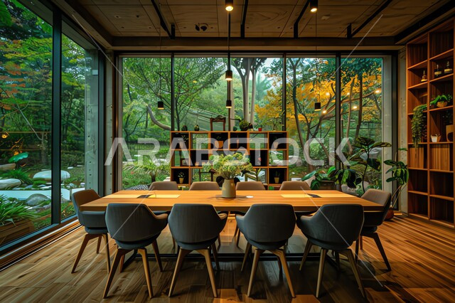 Windows and glass facades overlooking nature, a spacious meeting room with a table surrounded by chairs, office rooms with luxurious interior designs and decorations, the modern modern design of offices in Saudi companies