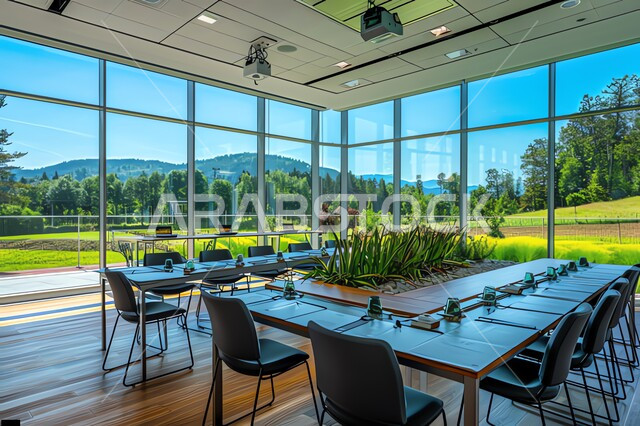 غرفة اجتماعات واسعة مع طاولة محاطة بكراسي، غرف مكتبية بتصاميم وديكورات داخلية فخمة، التصميم العصري الحديث للمكاتب في الشركات السعودية، النوافذ والواجهات الزجاجية المطلة على الطبيعة