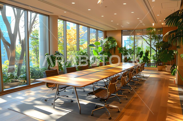 غرف مكتبية بتصاميم وديكورات داخلية فخمة، التصميم العصري الحديث للمكاتب في الشركات السعودية، غرفة اجتماعات واسعة مع طاولة محاطة بكراسي، النوافذ والواجهات الزجاجية المطلة على الطبيعة