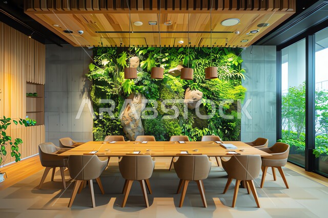 التصميم العصري الحديث للمكاتب في الشركات السعودية، غرف مكتبية بتصاميم وديكورات داخلية فخمة، غرفة اجتماعات واسعة مع طاولة محاطة بكراسي، النوافذ والواجهات الزجاجية المطلة على الطبيعة