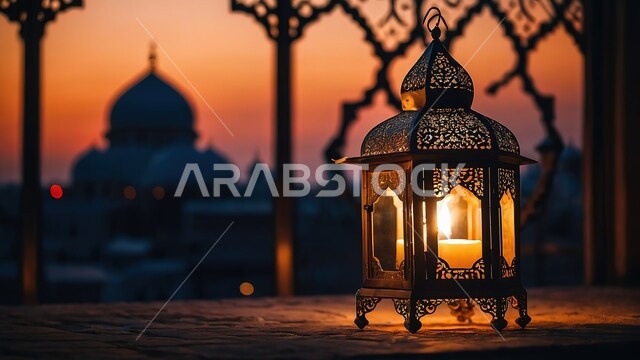 The spiritual atmosphere in Ramadan, preparing to welcome the month of goodness, Islamic decorations, antiques and lights, a traditional lantern lit on the ground, a decorative metal lamp, a religious Ramadan background