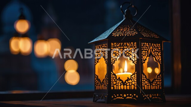الاستعداد لاستقبال شهر الخير، ديكورات وتحف وأنوار اسلامية، فانوس تقليدي مضيء على الأرض، مصباح معدني مزخرف، الأجواء الروحانية في رمضان، خلفية رمضانية دينية