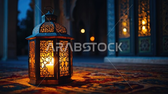 ديكورات وتحف وأنوار اسلامية، الاستعداد لاستقبال شهر الخير، فانوس تقليدي مضيء على الأرض، مصباح معدني مزخرف، الأجواء الروحانية في رمضان، خلفية رمضانية دينية