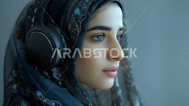 الاستمتاع بالتقنيات والتكنولوجيا الحديثة، بورتريه لفتاة عربية خليجية سعودية ترتدي الحجاب وسماعة الرأس تقوم بالإصغاء والاستماع إلى شيء ما، الاهتمام بالمظهر الخارجي، خلفية رمادية