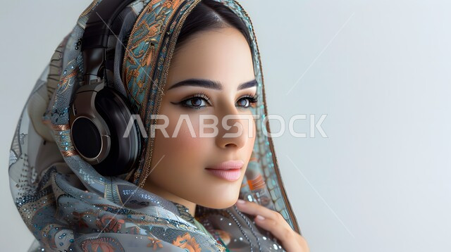 الاهتمام بالمظهر الخارجي، الاستمتاع بالتقنيات والتكنولوجيا الحديثة، بورتريه لفتاة عربية خليجية سعودية ترتدي الحجاب وسماعة الرأس تقوم بالإصغاء والاستماع إلى شيء ما، خلفية رمادية