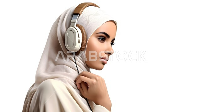 مفهوم الإصغاء والاستماع إلى شيء ما، الاهتمام بالمظهر الخارجي، الاستمتاع بالتقنيات والتكنولوجيا الحديثة، بورتريه لفتاة عربية خليجية سعودية ترتدي الحجاب وسماعة الرأس، خلفية بيضاء