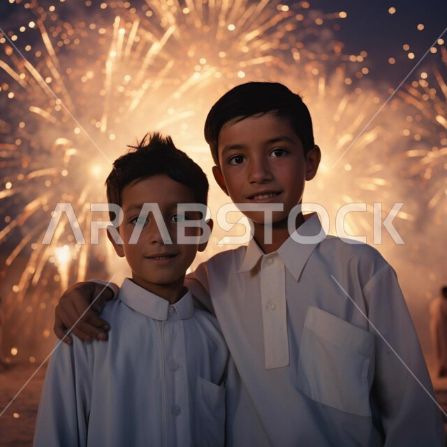النظر إلى الكاميرا بإيماءات وتعابير البشاشة والسرور، بهجه وفرحة الأطفال بالعيد السعيد، ارتداء الأزياء والملابس الجديدة، الاحتفال بالأعياد والمناسبات الإسلامية السعيدة، صورة مقربة لأخوين عربيين خليجيين سعوديين يرتديان الثوب التقليدي، خلفية الألعاب والمفرقعات النارية