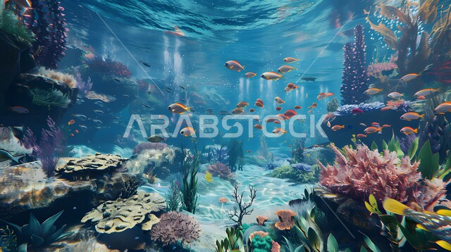 الشعب المرجانية الملونة في اعماق البحار، عرض عجائب البيئة المائية في البحر، مجموعة من الأسماك الصغيرة تسبح في المياه، الثروة السمكية والنباتات المائية في المملكة العربية السعودية،  محمية طبيعية بحرية