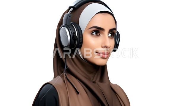 مفهوم الإصغاء والاستماع إلى شيء ما، الاستمتاع بالتقنيات والتكنولوجيا الحديثة، بورتريه لفتاة عربية خليجية سعودية ترتدي الحجاب وسماعة الرأس، الاهتمام بالمظهر الخارجي، خلفية بيضاء